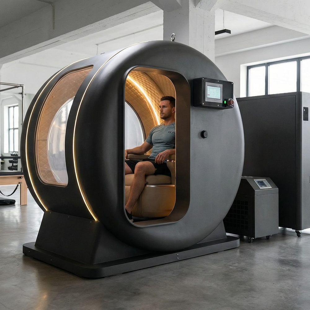 Man in de Next Level Hyperbaric 1-seats Deluxe in een lichte gym