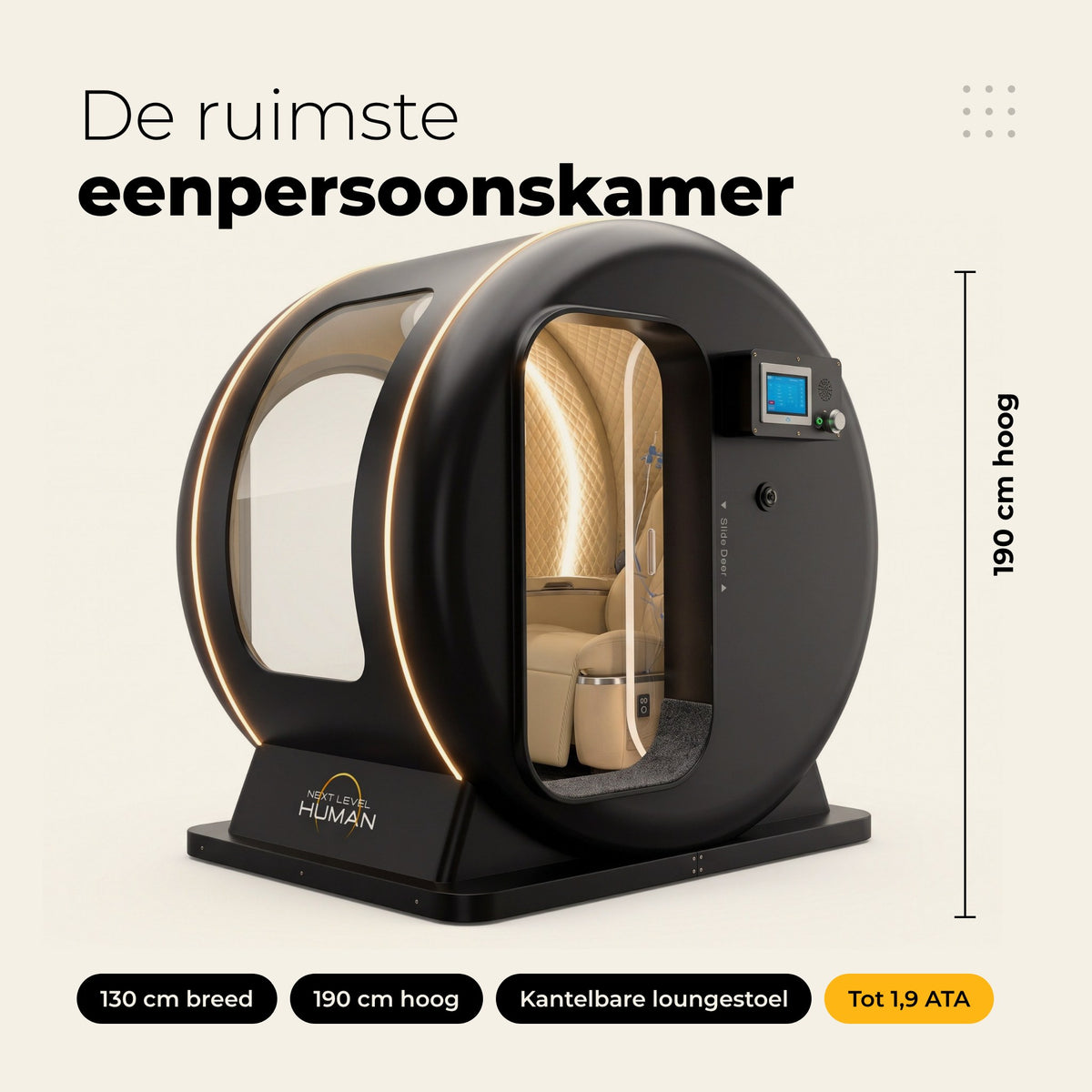 Infographic Next Level Hyperbaric 1-seats Deluxe: de ruimste eenpersoonskamer