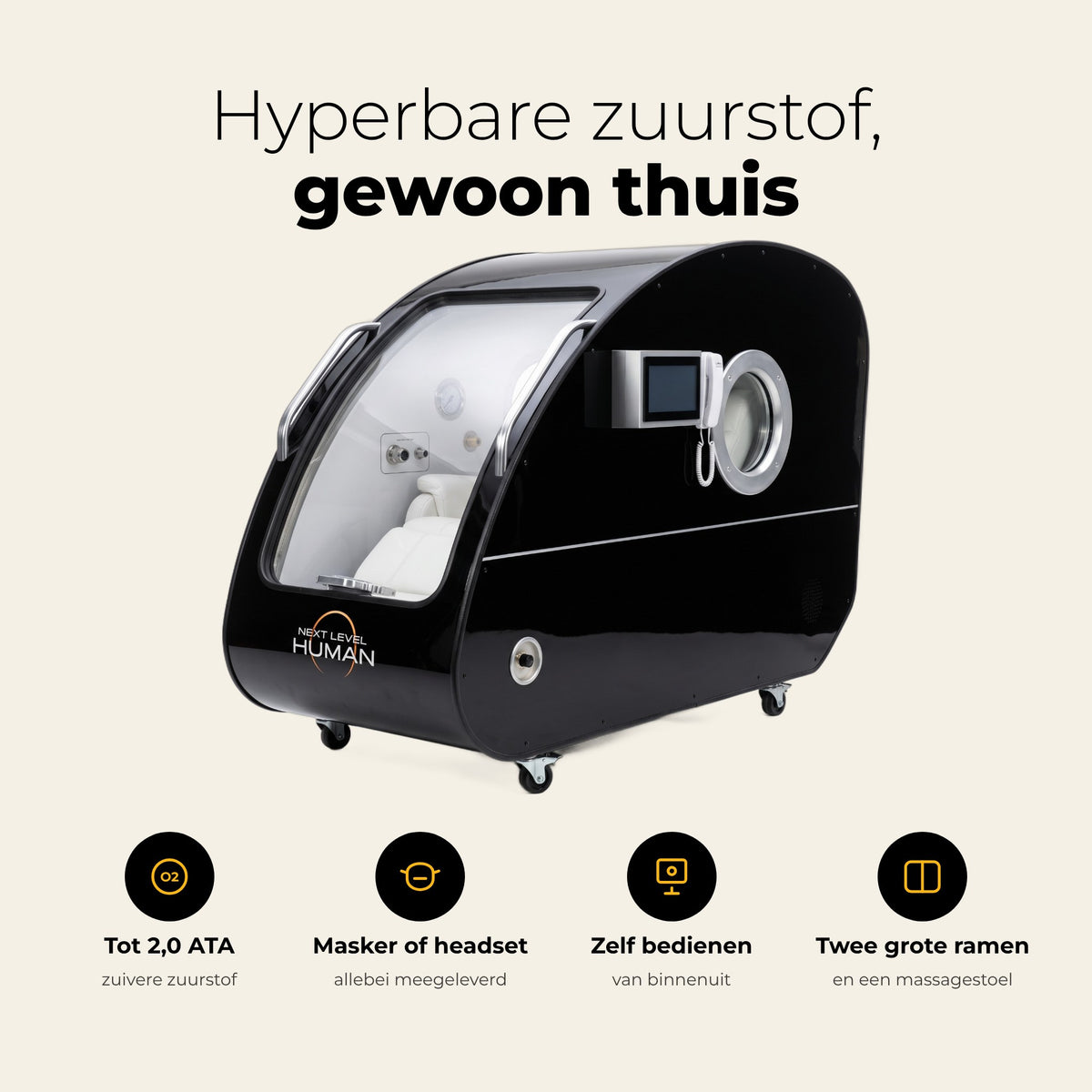 Infographic Next Level Hyperbaric 1-seats: hyperbare zuurstof gewoon thuis