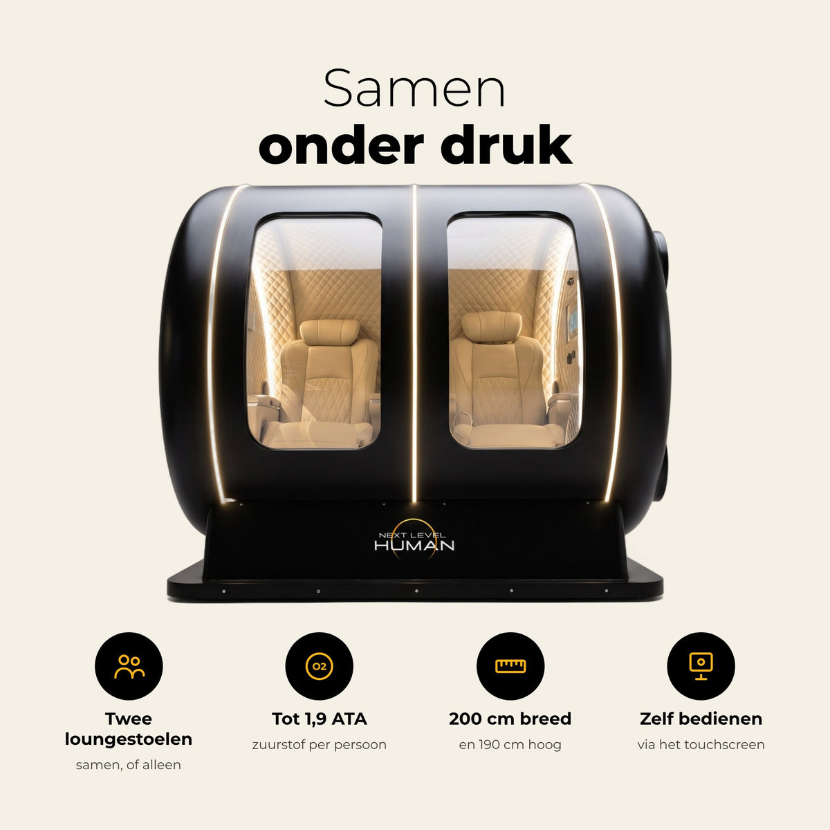 Infographic Next Level Hyperbaric 2-seats Deluxe: samen onder druk
