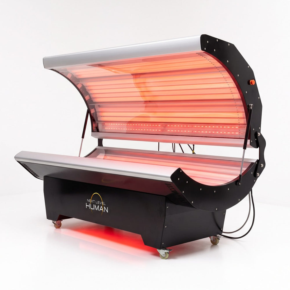 Next Level Infrared bed - Ultimate, schuin van voren, open met rood licht aan
